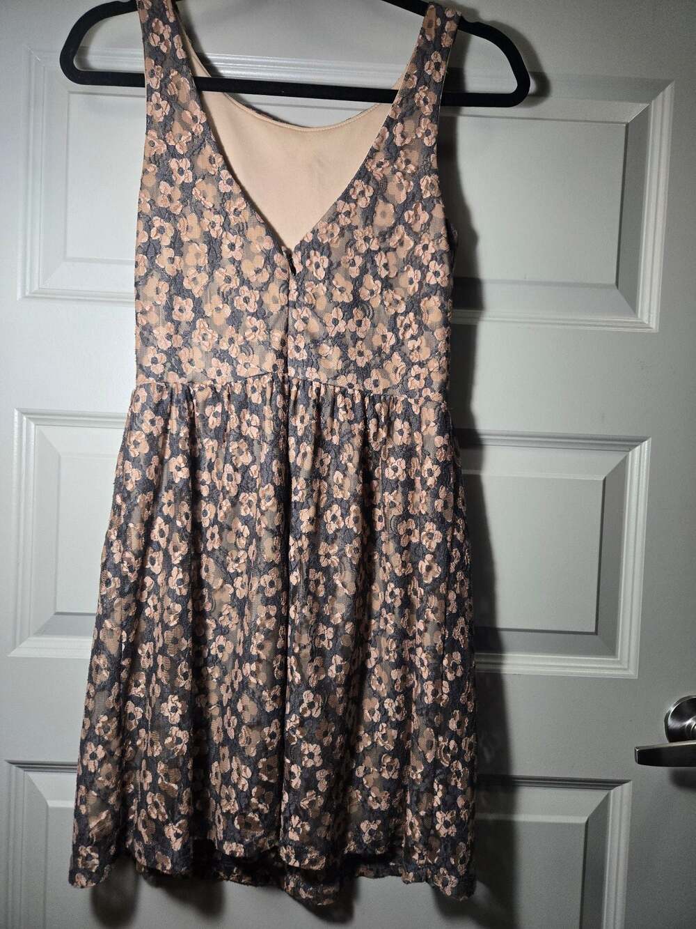 Mystic Gray & Nude Floral Lace Fit & Flare Mini Dress
